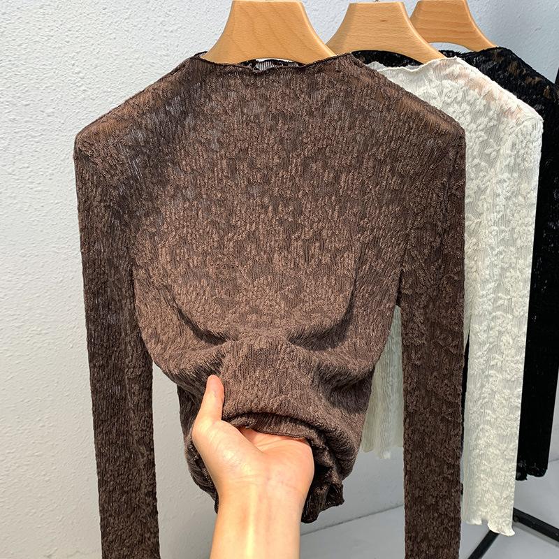 Semi-turtleneck Bottoming Shirt Women's New Women's Clothing Sexy Crochet Hollow Shirt Temperament with Waist Top