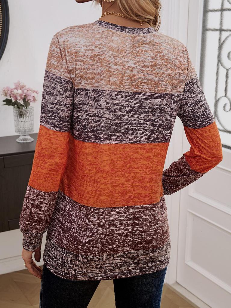 2024 Women's Color Block Printed Button Long-Sleeve Round Neck T-Shirt - Spring/Autumn Collection