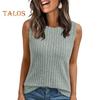 Women Tops Round Neck Sleeveless Slim Fit Knitted Tops Solid Color Elastic Ribbed Tank Tops Daily Wear