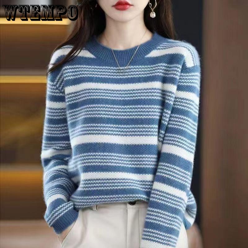 Elegant Round-neck Knitted Sweater for Women Contrasting Color Striped Sweater for Women Loose Long-sleeved Pullover for Autumn and Winter