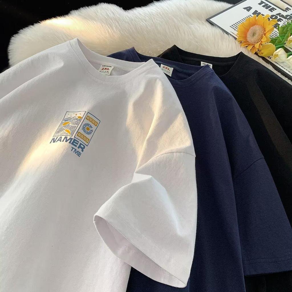 Men's Oversized Ethereal Letter Print Pure Cotton Short-Sleeve T-Shirt - American Street Style