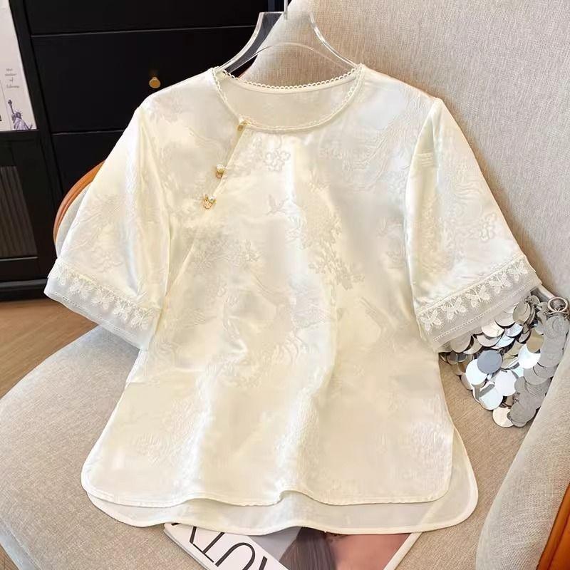 Women Jacquard Lace Trim Qipao Style Short Sleeve Blouse M