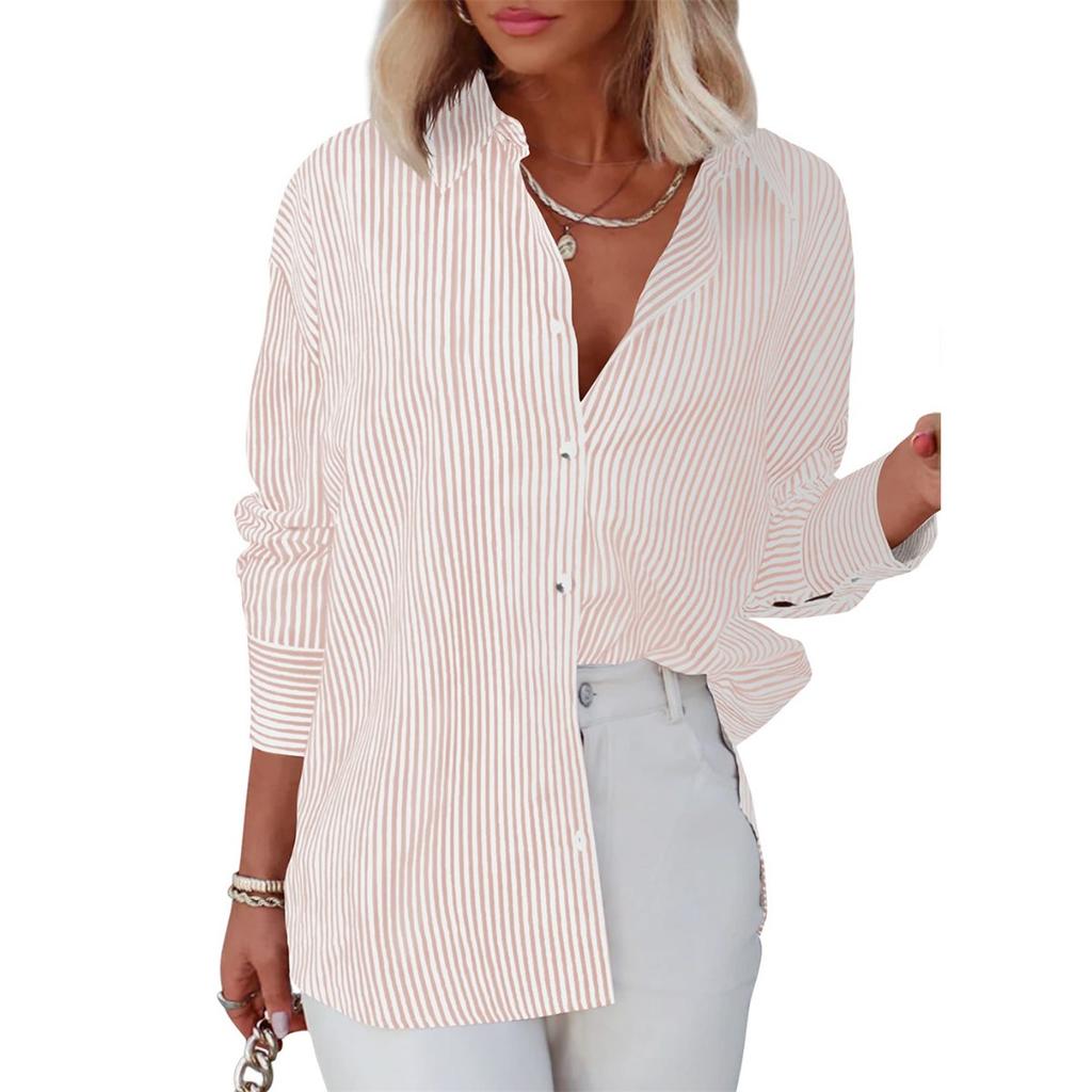 Women's Striped Button Down Shirt Long Sleeve Casual Loose Fit Office Blouse For Women