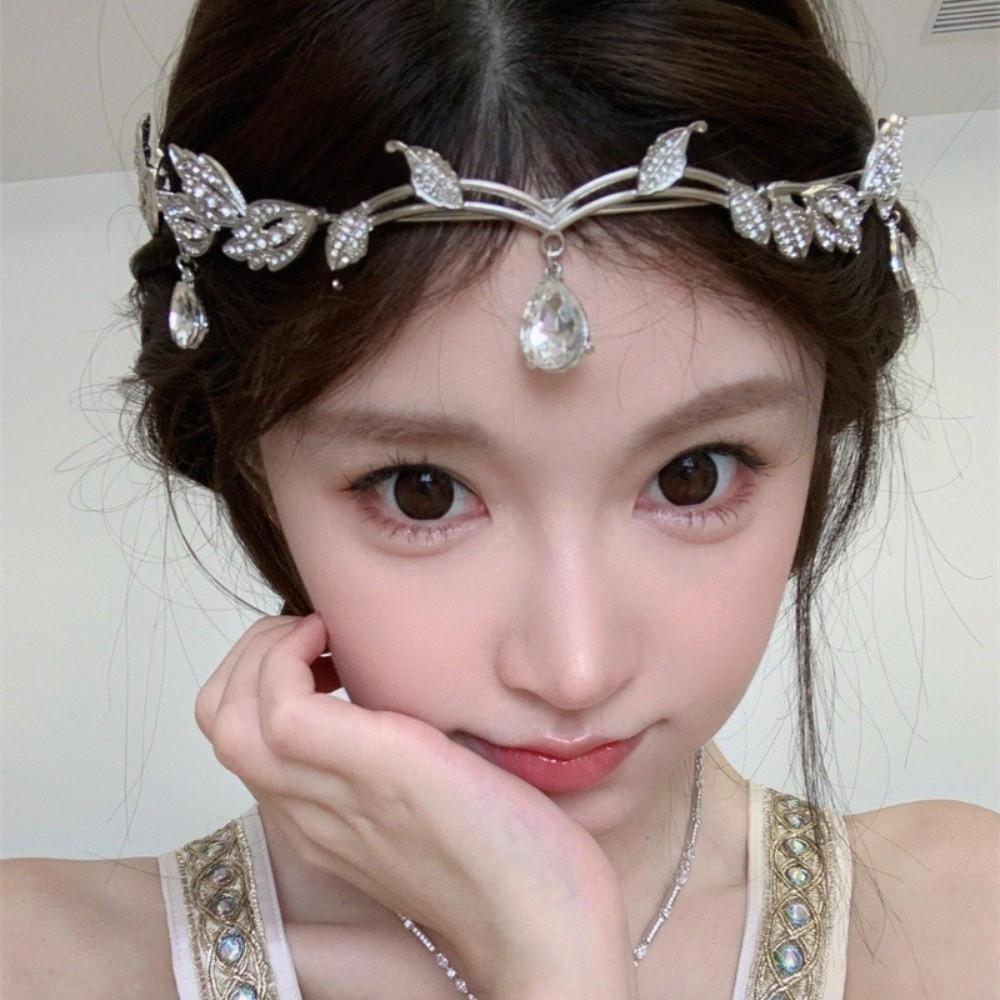 Rhinestone Forehead Chain Leaves Shape Bride Tiara Luxury Forehead Ornaments  Wedding