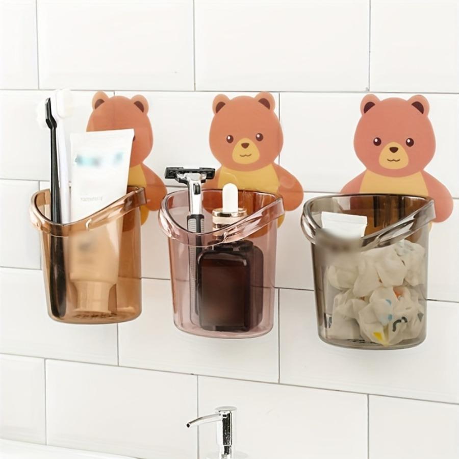 Set of 3 Cute Bear Wall-Mounted Sticky Storage Cups, Plastic Toothbrush Holder with Drainage Feature, No Power Required for Bathroom Storage Rack
