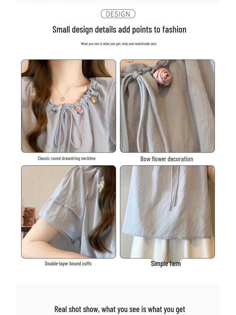 Plus Size Floral 3D Patchwork Chiffon T-shirt - Women's Summer Short Sleeve Loose Fit Top