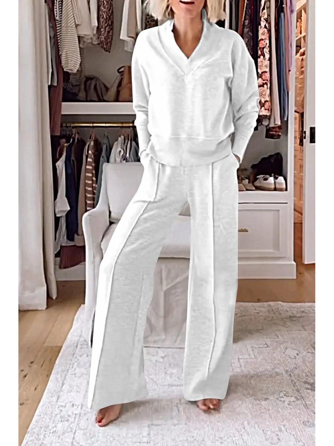 

2024 Fall Casual V-Neck Long Sleeve Top & Wide Leg Pants Set S білий