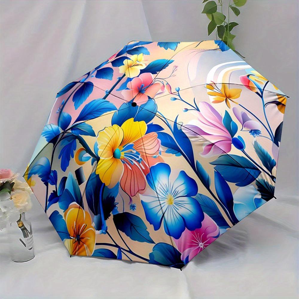 Automatic Open/Close Folding Umbrella with Blue Yellow Hibiscus Floral Pattern - Compact Travel Umbrella, Windproof 8-Rib Sh