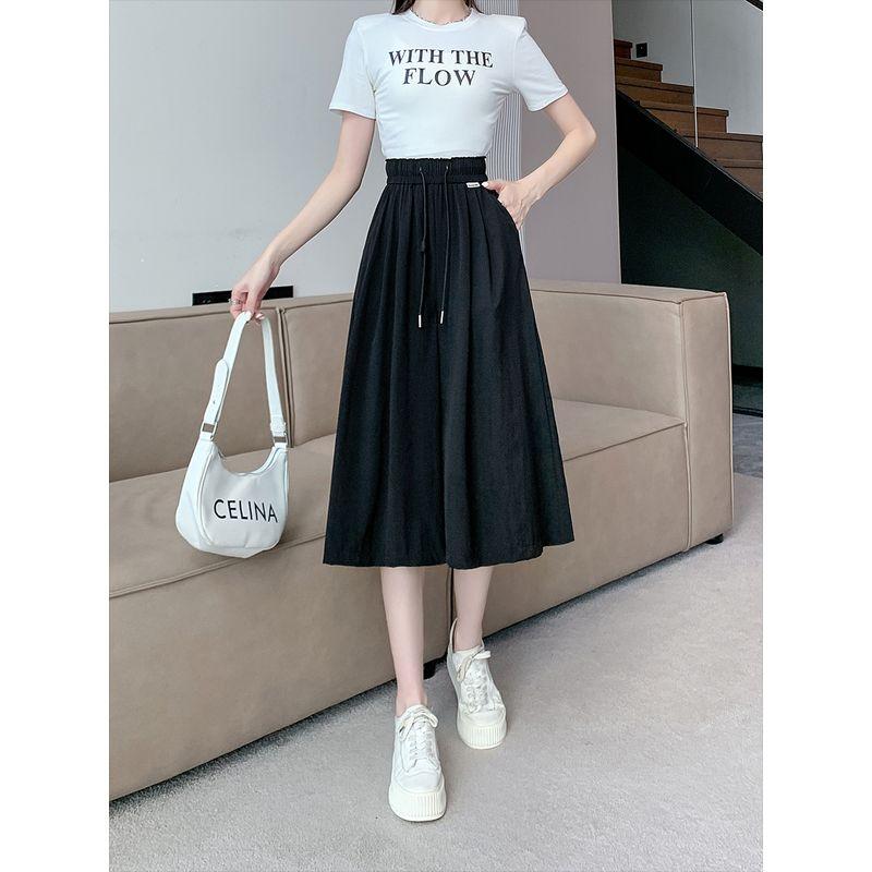 Japanese and Korean Plus Size Women's Clothing Artsy Summer High Waist Shoelace Thin Tencel Casual Cropped Wide Leg Culottes Trendy M-4XL