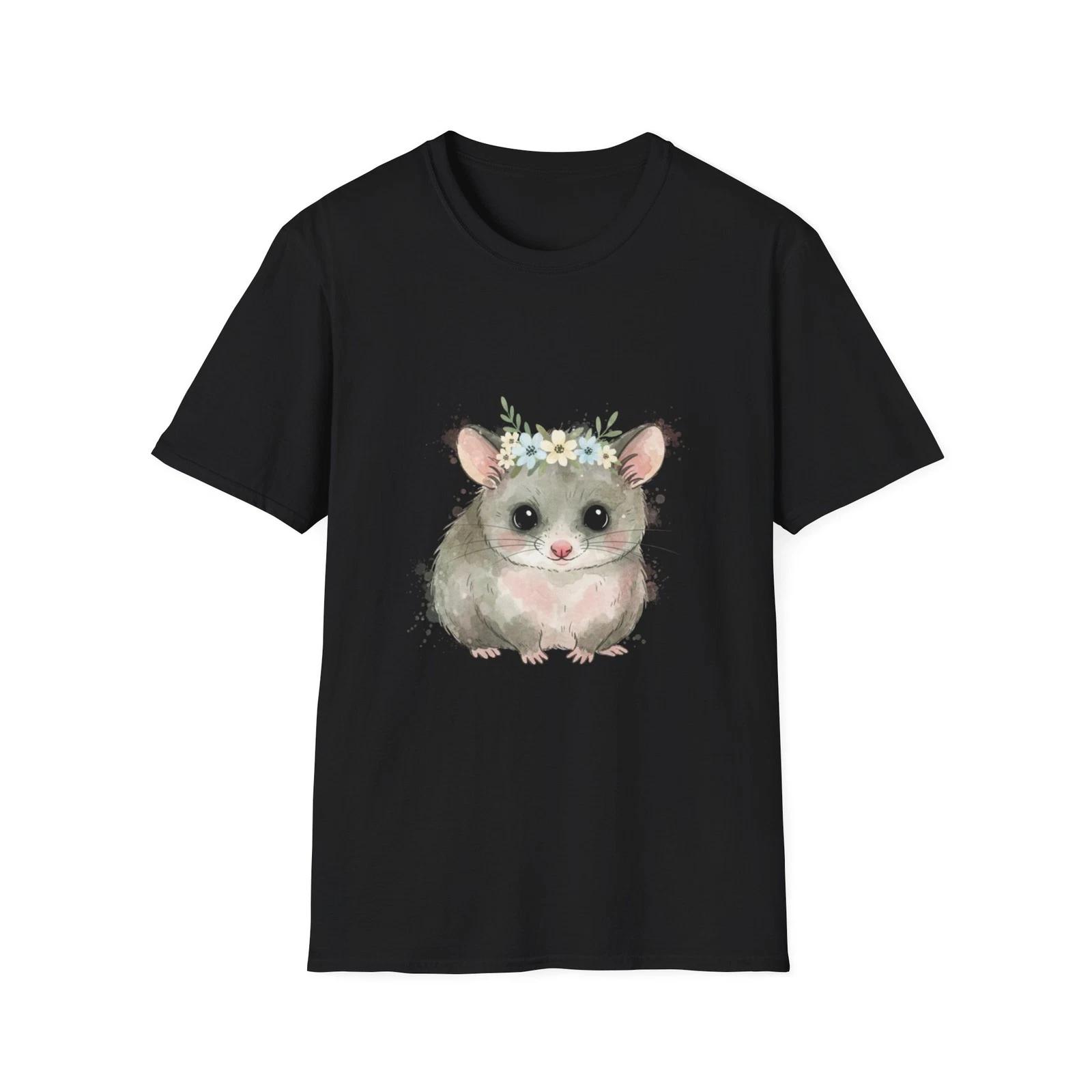 

Hamster Flower Crown Watercolor Cute Black Tee Animal Graphic T-Shirt S
