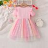 Girls Star Tulle DressRainbow Dinosaur PrintCute Princess Party Dress with Bow, Short Sleeve Summer Dress for Little Girls