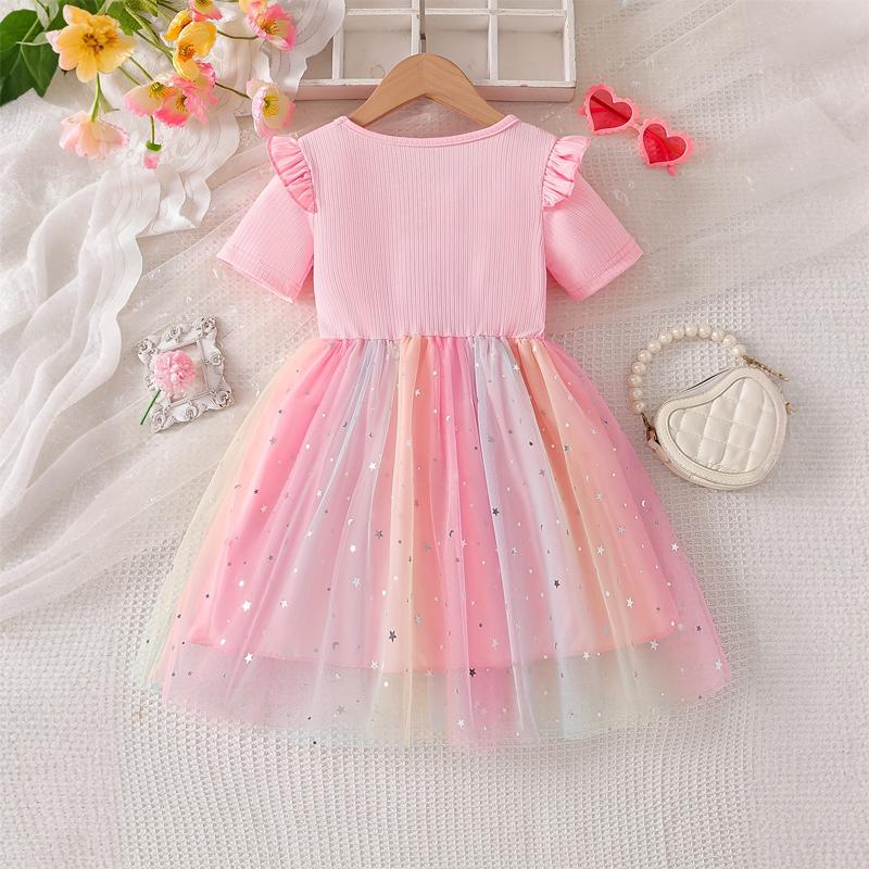 Girls Star Tulle DressRainbow Dinosaur PrintCute Princess Party Dress with Bow, Short Sleeve Summer Dress for Little Girls