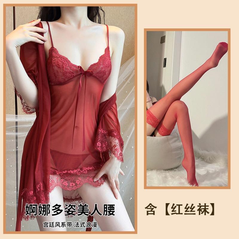 Sexy Women's Pajamas, Be Careful, Large Size Lace Mesh Yarn, Pure Desire Wind, Hot Transparent Robe, Four-piece Home Furnishing