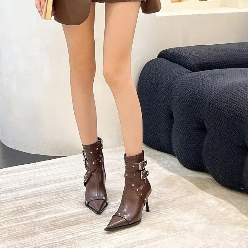 Fashion Fashionable Rivet High Heel Short Boots Pointed Toe Slim Fit Spring Autumn 2025 New Arrival Women's Ankle Boots Leisure Style