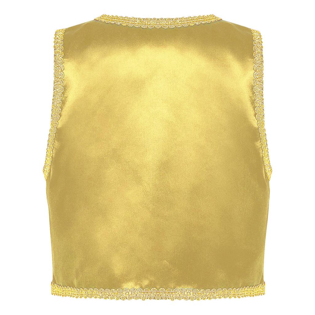 Costume Principe Arabo per Ragazzo Halloween Gilet Aperto Davanti Pantaloni con Elastico in Vita Treccia Decorativa Outfit Cosplay