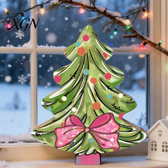 Festive Home Decor Accents Colorful Christmas Tree Tabletop Decor, Wooden Plaid Patterned Xmas Signs with Small Party Favors Merry Greetings,