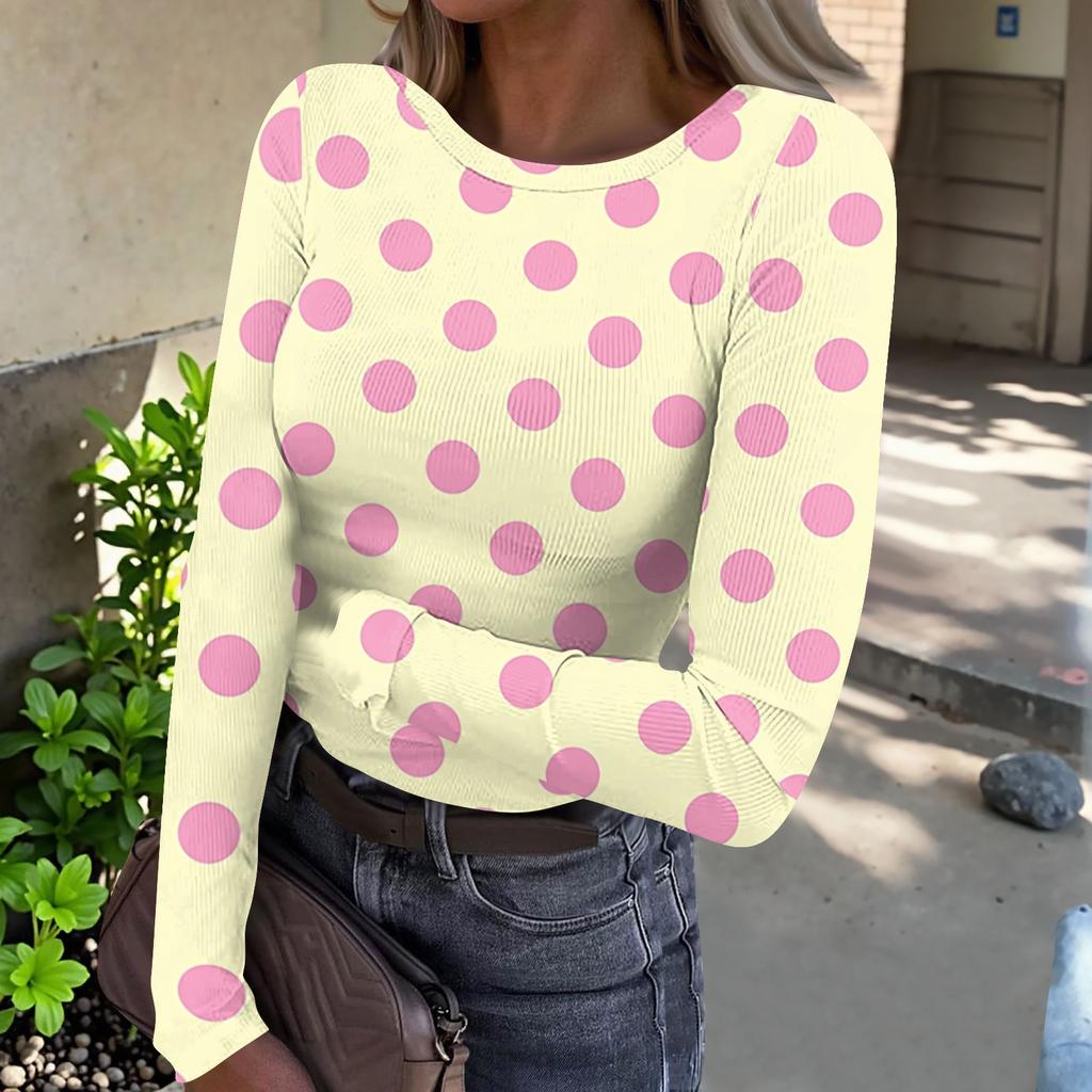 Women's Casual Polka Dot Long Sleeve Top, Round Neck Ribbed Blouse for Daily Wear