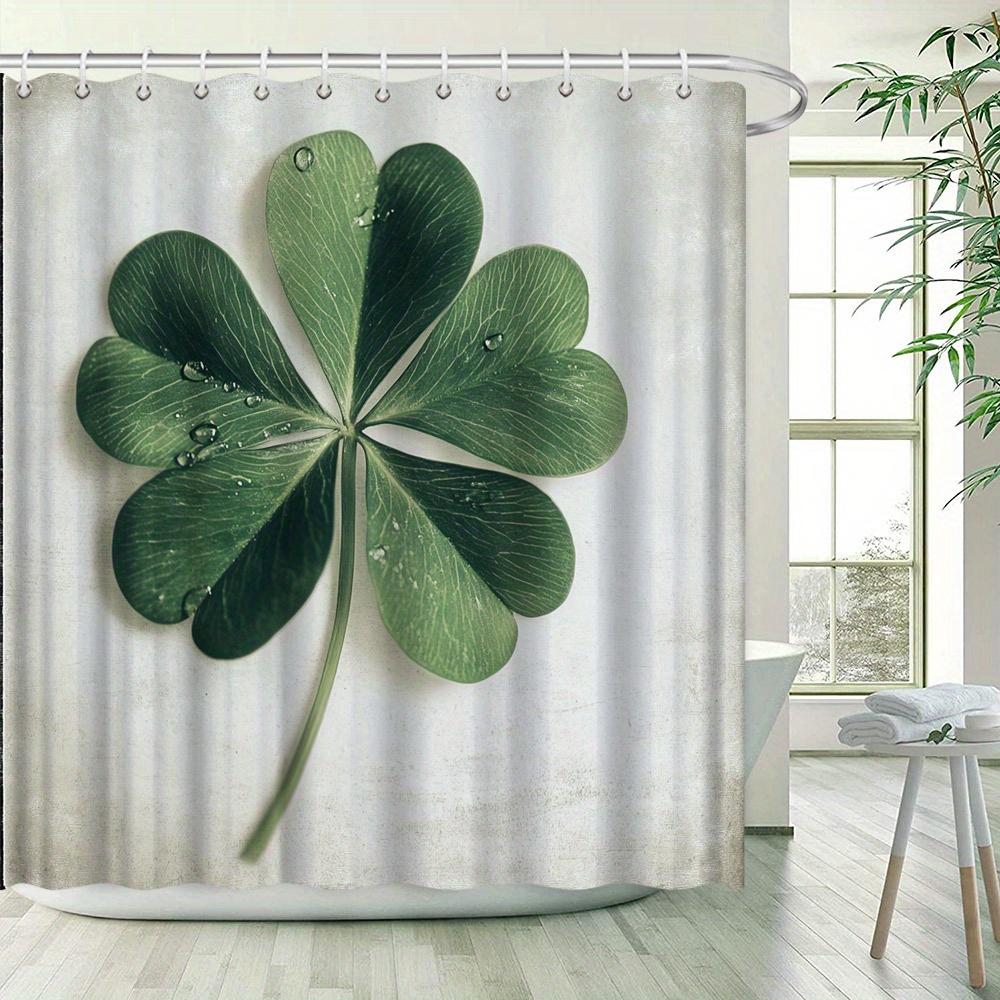 1Pc Four-Leaf Clover Shower Curtain With Water Droplets & Textured Light Gray Background - 70X70 Inch Polyester Bathroom Decor