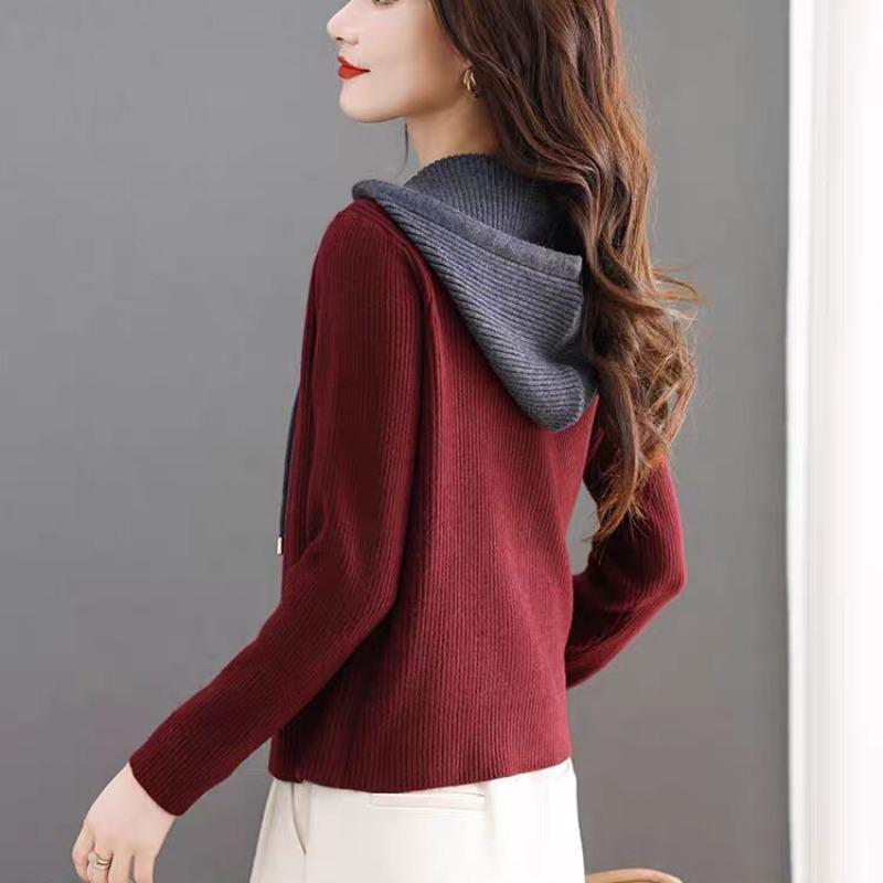 Short Hooded Sweater Jacket for Women In Autumn and Winter New Knitted Cardigan Fake Two-piece Top