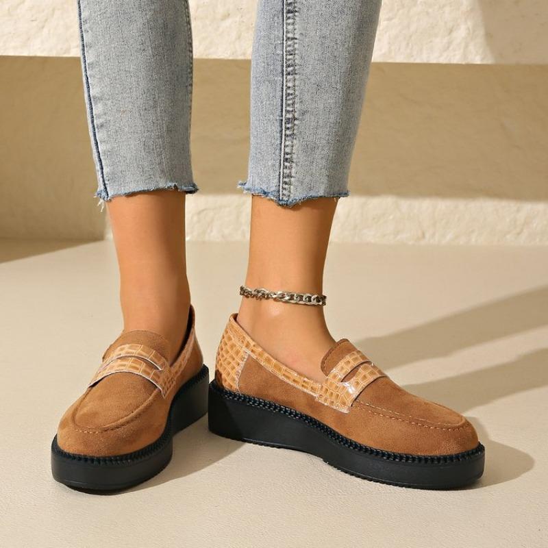 Fall New Slope Heel Shoes Women's Round Head Suede Splicing Thick Sole Anti-slip Wear-resistant Low-top Shoes