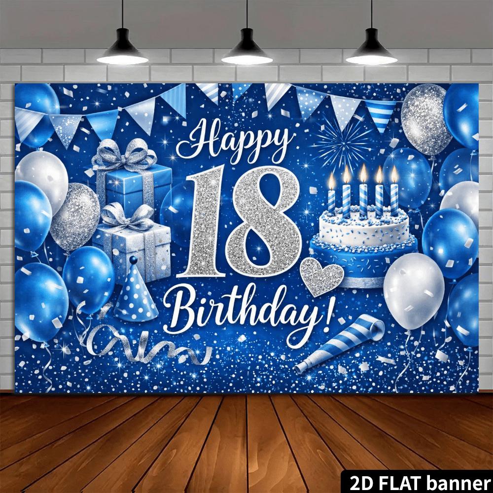 2D plane 18th birthday party backdrop fabric - blue  silver cake candles gift box hat decoration - durable polyester materialzyc