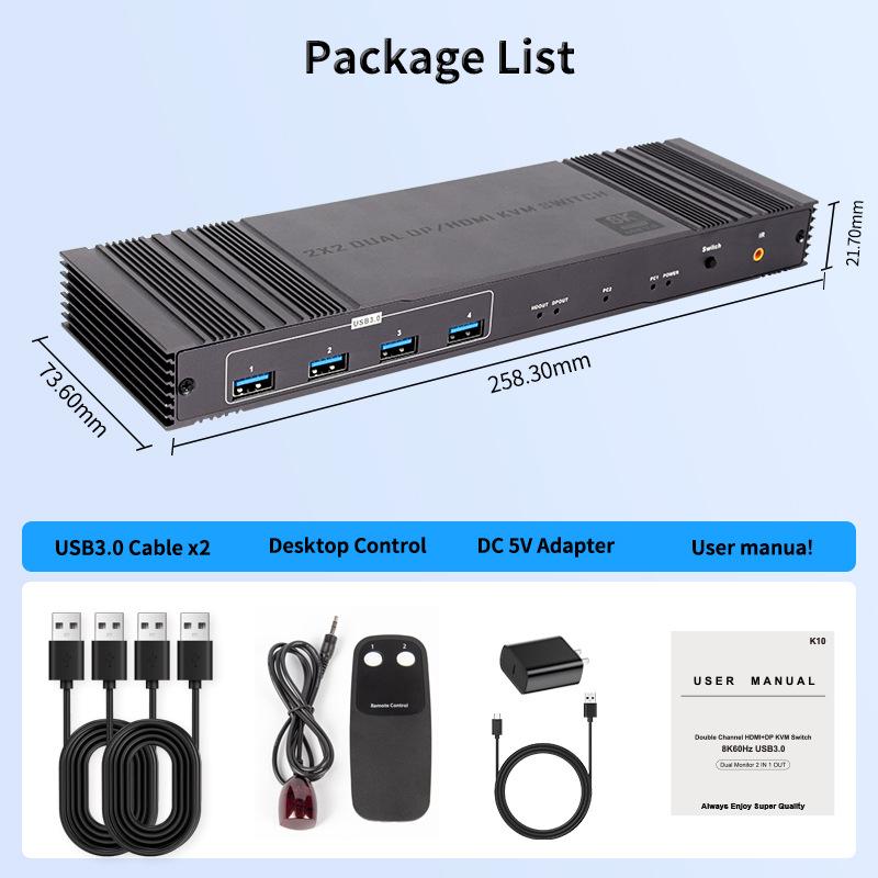 8K Display DP HDMI KVM Switch 2x2 2 Monitors 2 Computers 2 in 2 Out USB 3.0 Dual Monitor HDMI+DP KVM Switch with IR Controller серебряный серый