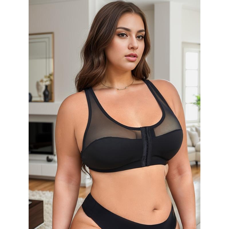 Plus Size Elegant Bra, Women's Contrast Lace Front Closure Scalloped Trim Bralette