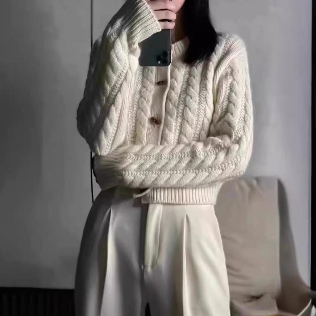 Women's European Style Chunky Knit Wool Cardigan - High Waist Cropped Autumn Sweater
