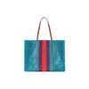 Gucci GG Logo Turquoise Crochet Mesh Tote Bag With Brown Leather Trim For Women Luxury Vacation Daily Use