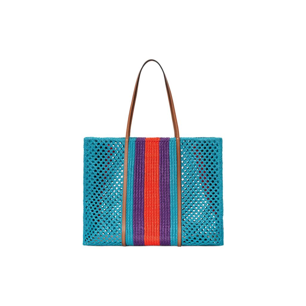 Gucci GG Logo Turquoise Crochet Mesh Tote Bag With Brown Leather Trim For Women Luxury Vacation Daily Use