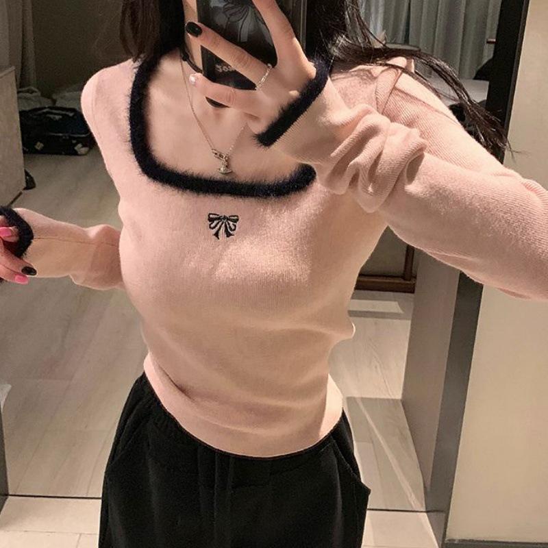 Korean Pure Desire Style Square Neck Embroidery Long Sleeve T-shirt for Women S розовый