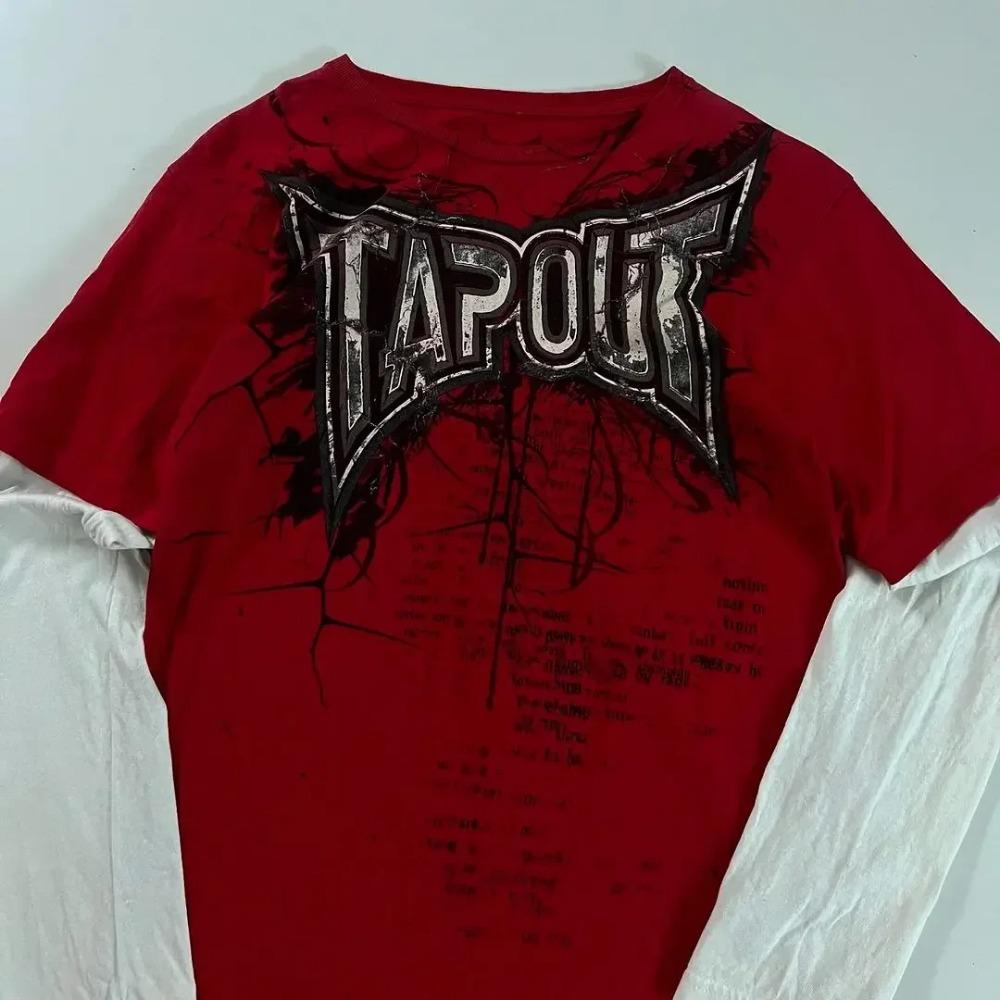 RogueWave Y2K T Shirt Men New Hip Hop Red Printing Round Neck Oversized Long Sleeved T Shirt Casual Gothic Clothing Tops Streetwear