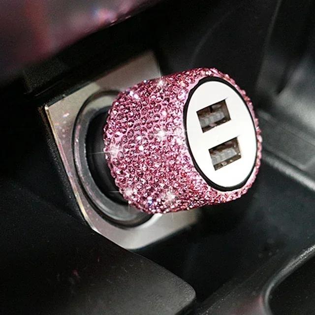 USB Car Charger Bling Bling Handmade Rhinestones Crystal Car Decorations for 3-in-1 5V 2.1A Car Decors for IPhone/Samsung