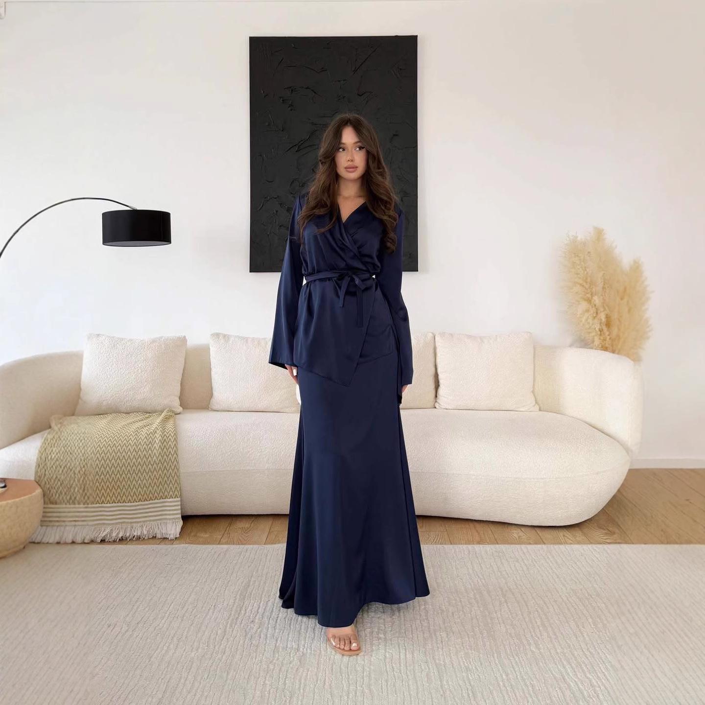 2025 Summer Elegant V-Neck Sleeveless Slit Nightgown Dress XXXL темно-синий