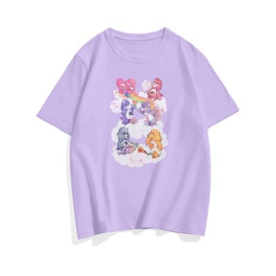 Women's Round Neck Short Sleeve Tee Loose Fit Cartoon Rainbow Bear Printed T-Shirt Cotton Summer Casual Mid Length Top