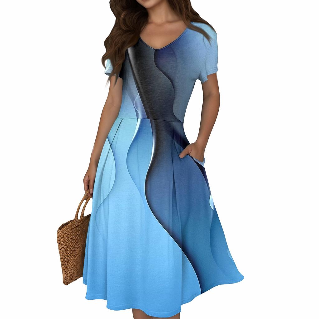 Women's Summer Casual Print V-Neck Short Sleeve Dress With Pockets