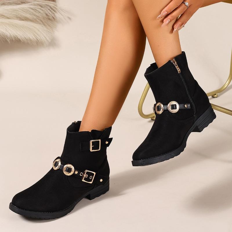 Fashion Square Heel Side Zip Booties Autumn New Round Toe Metal Buckle Anti-Slip Wear-Resistant Single Boots