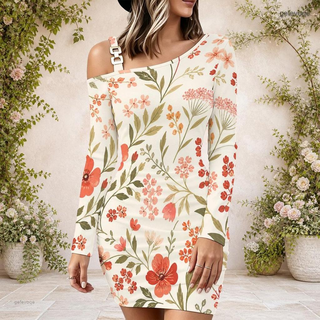 Ladies Plus Size One Side Off Shoulder Long Sleeve Dress