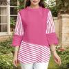 Women Casual Stand Collar Summer 3/4 Sleeve Stripe Blouse