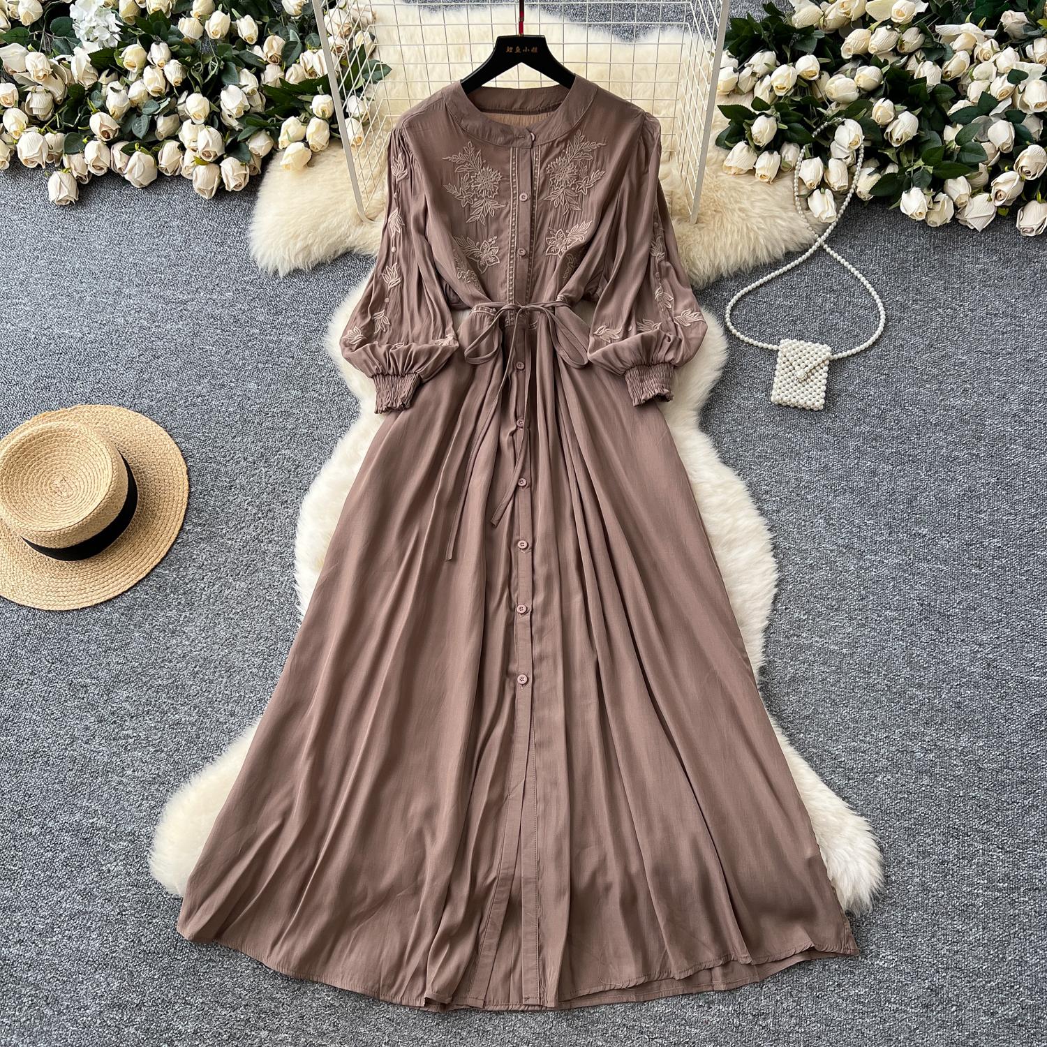 

Винтажное элегантное платье на пуговицах с вышивкой А-силуэта, шикарное, повседневное, для пляжного отдыха, женские летние платья One Size