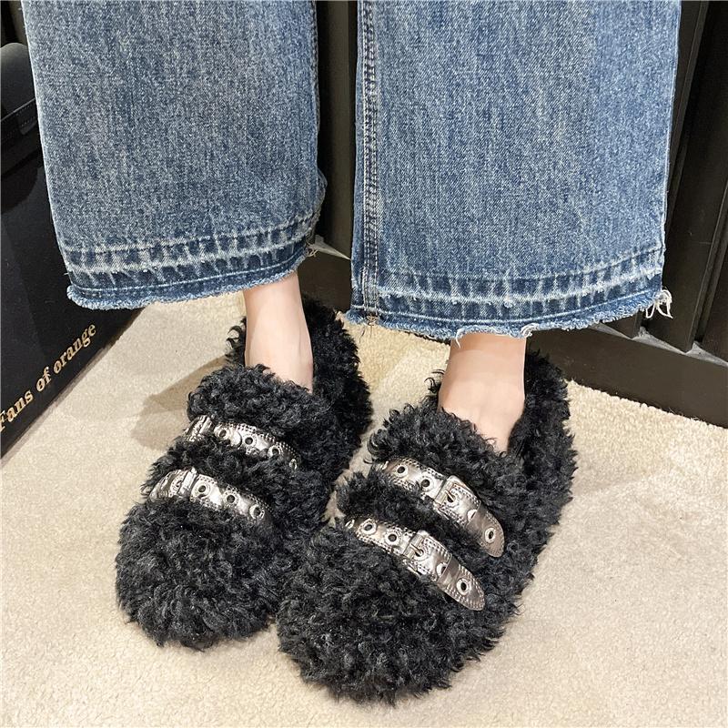 Women Shoes Autumn Slip-on Loafers Fur Female Footwear Casual Sneaker Square Toe Shallow Mouth Fall Slip On Winter Dress White