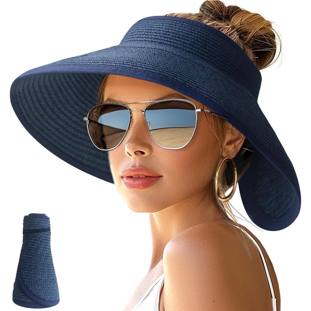 Women'S Sun Hats with Wide Brim, Roll-Up Design for Beach, Ponytail-Friendly, Packable And Foldable Straw Visor for Travel