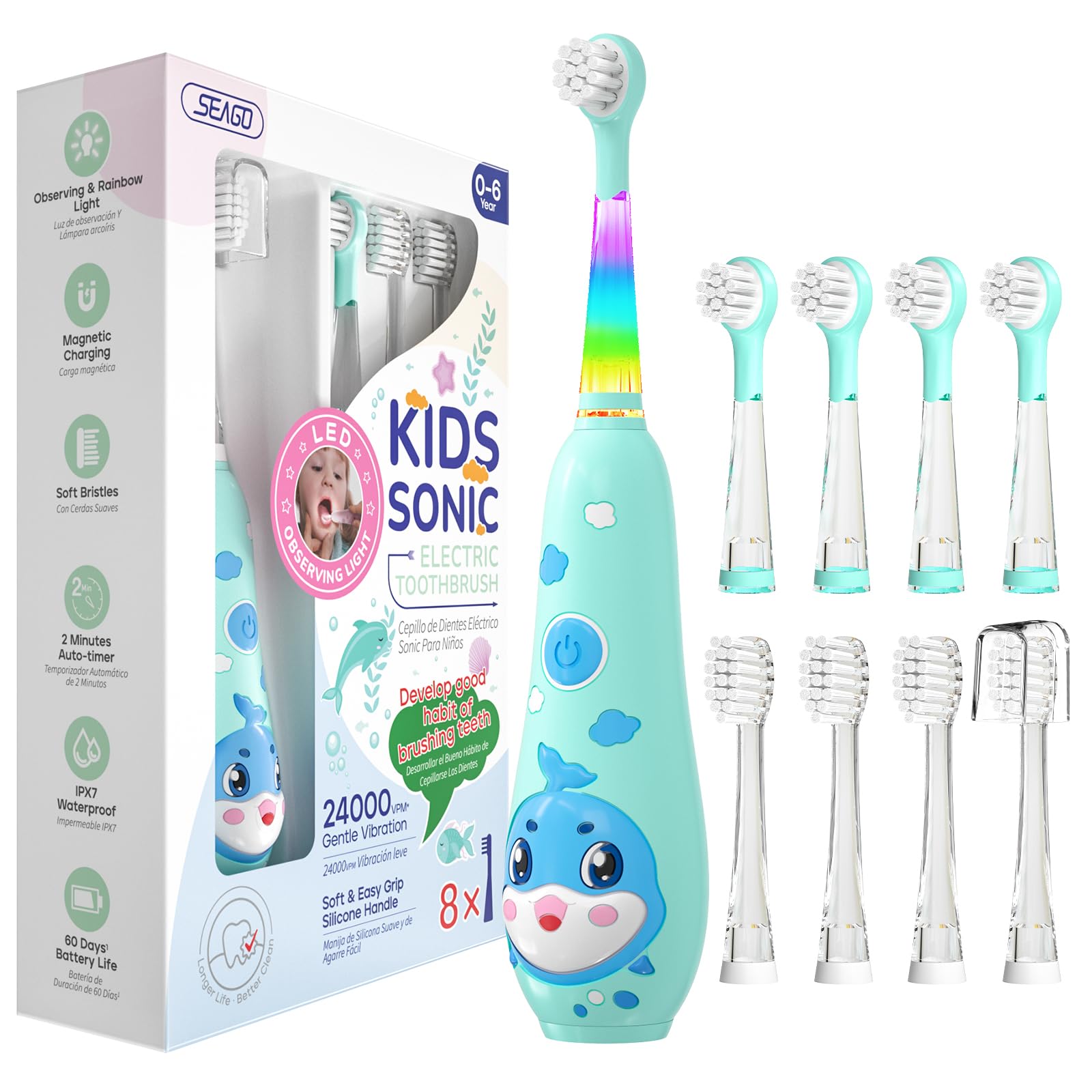 

SEAGO Electric Toothbrush for 8 Replacement Brush Sonic Magnetic Charging Soft LED 3 IPX7 Suitable for Children Ages 3 and Girls and Boys Kids, Heads, зелёный