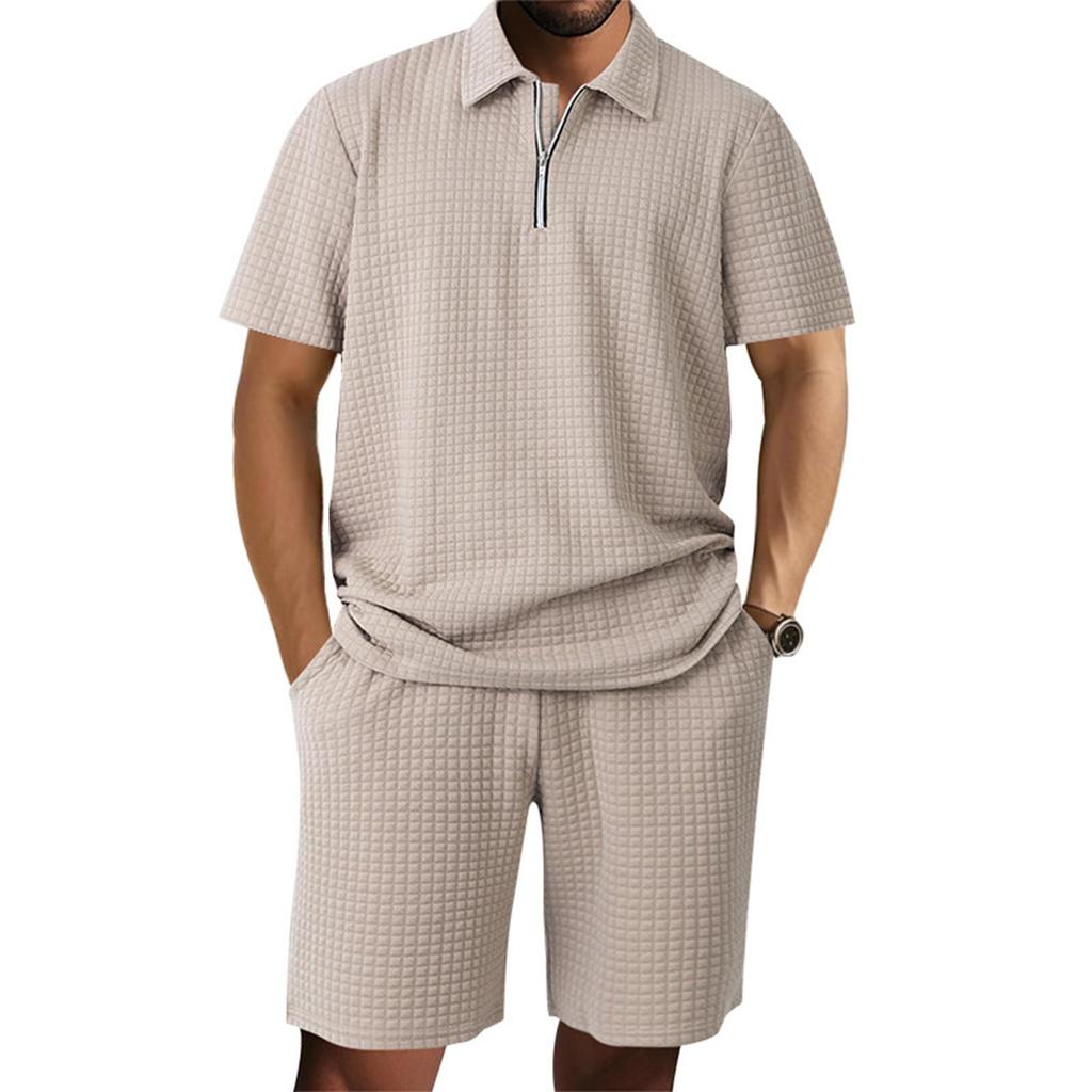 Men'S Solid Color Casual Collar Short Sleeved Shorts Two-Piece Set