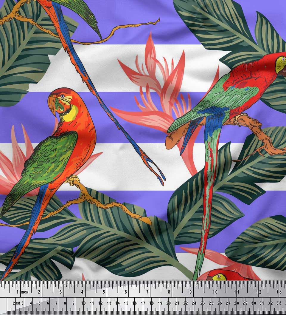 

Soimoi Orange Modal Satin Fabric Tropical Leaves|Stripe & Parrot Bird Print Тканина у дворі 42 дюйма 42 Inch Wide - Cotton Cambric фіолетовий