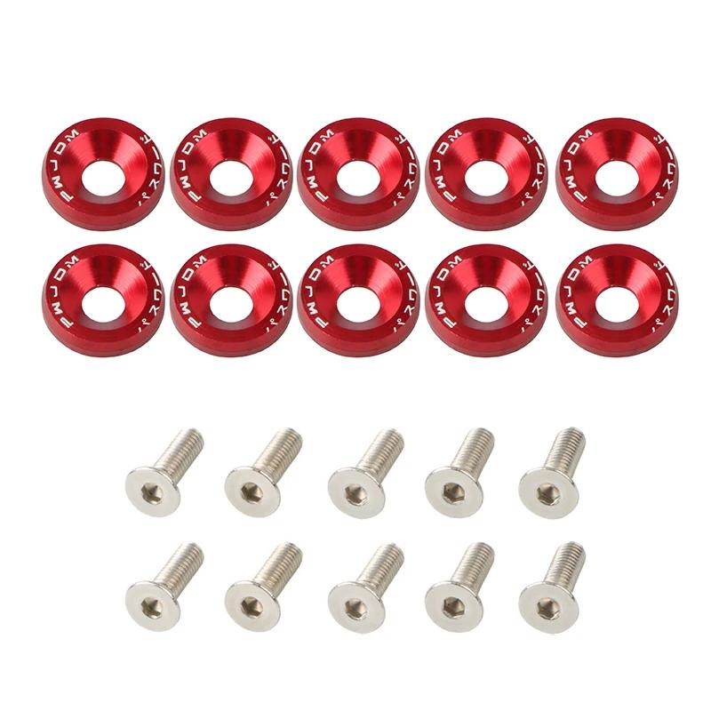 

10 шт. шестигранных крепежей для модификации автомобиля, алюминиевые M6 JDM шайбы крыла, бампера, двигателя, вогнутые винты, шайбы крыла, болты для номерного знака красный
