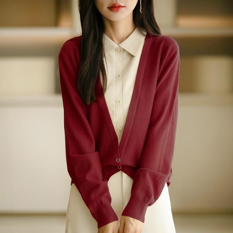 Women S V Neck Long Sleeve Fake Two Piece Knit Cardigan Casual Outerwear