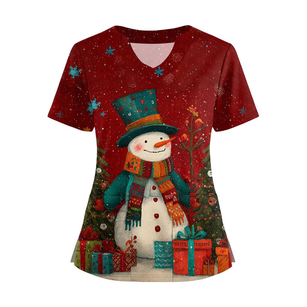 Women's Short Sleeved Christmas Printed V-neck Buttonable Side Slit Top T-shirt