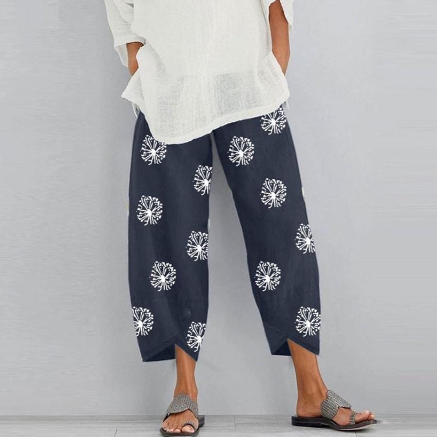 Women's Cotton Linen Elastic Waist Print Wide-Leg Pants - Loose Casual Nine-Point Style