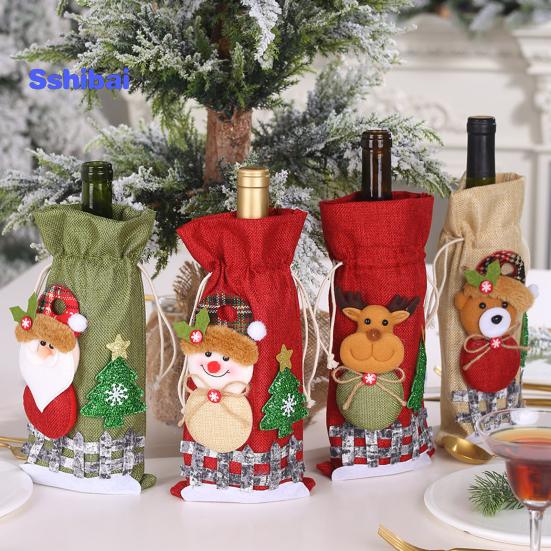 Christmas Wine Bottle Bag with Drawstring Santa Claus Reindeer Snowman Bear Burlap Wine Bottle Gift Bag Cover Christmas Holiday Wine Bottle Decoration